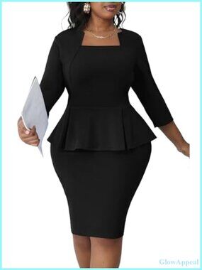 Plus Size Peplum Midi Pencil Dress 3/4 Sleeve Work Church